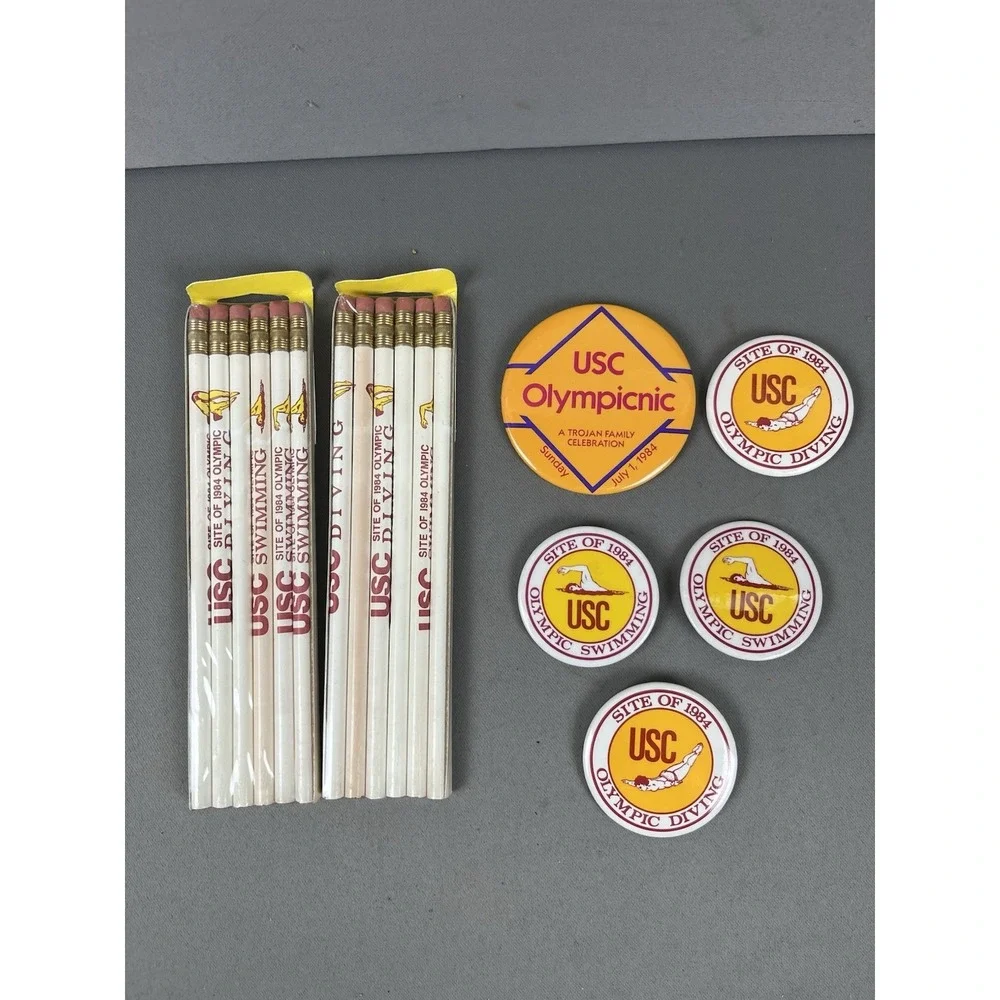 USC Olympics Diving Swimming Vintage Merchandise Lot Pencils &‎ Buttons 1984 NEW